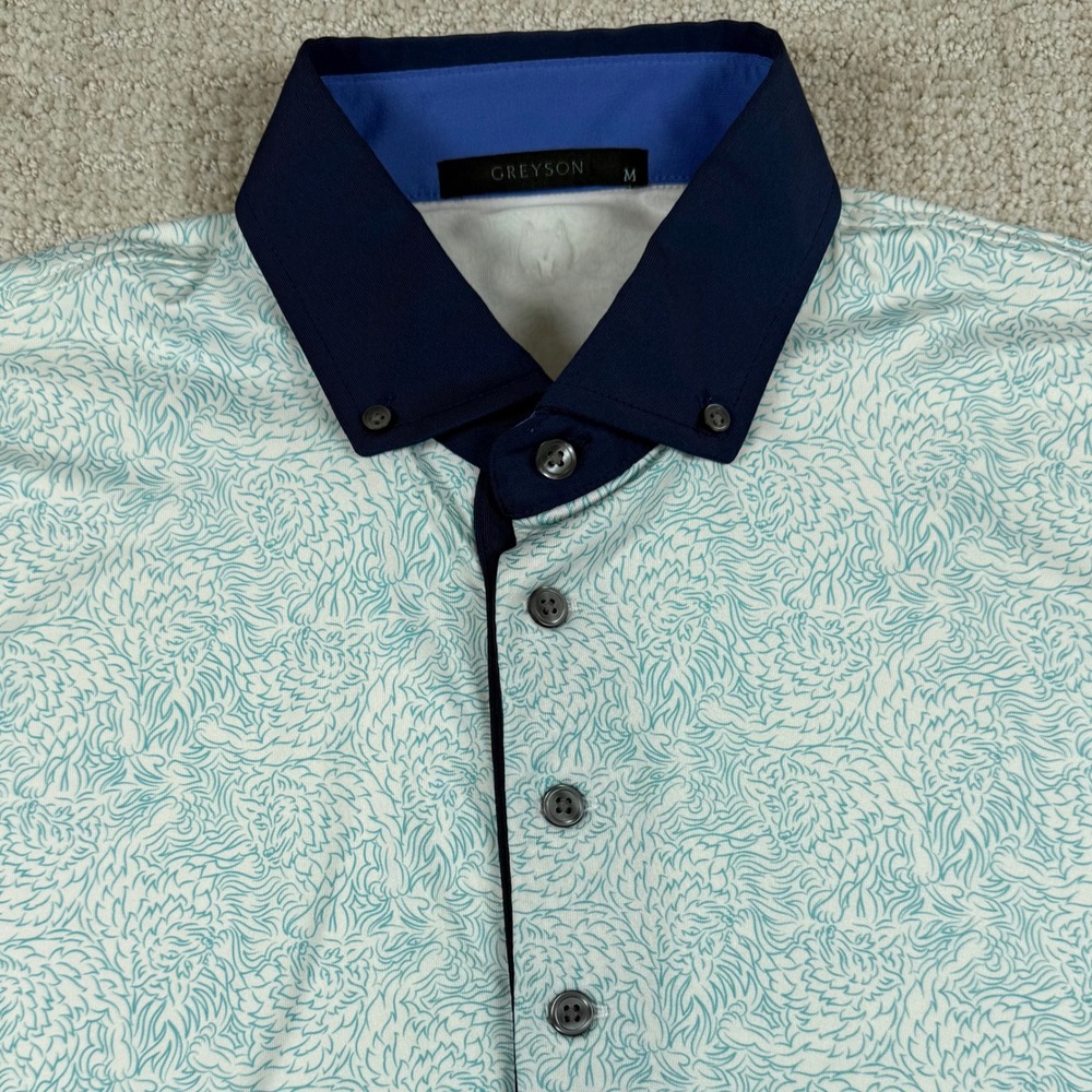 Greyson Mens Medium White Teal Abstract Print Performance Golf Polo Shirt